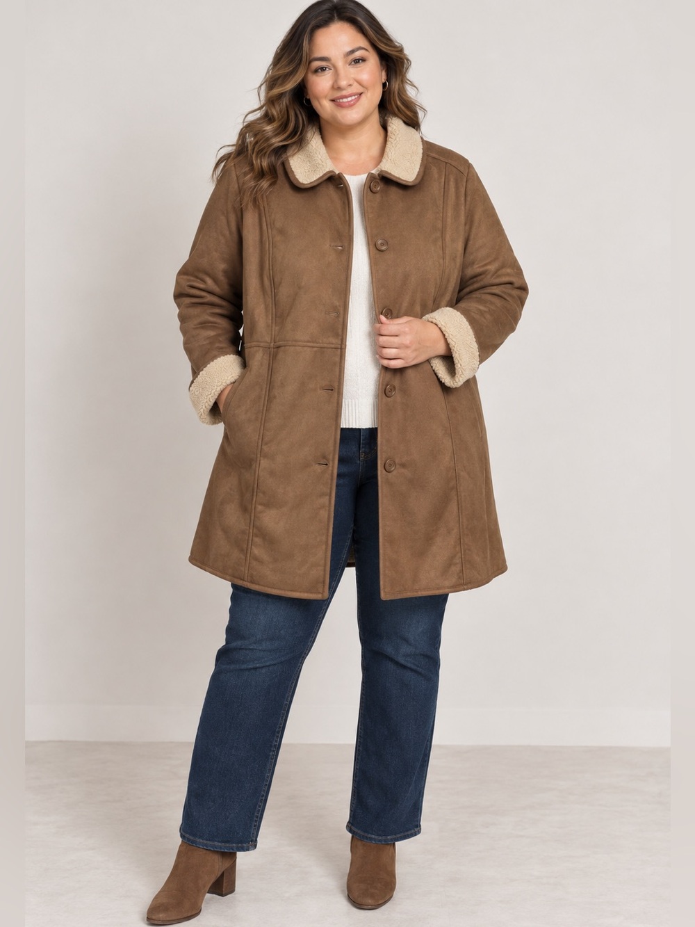 Denim & Co Women’s XL Brown Faux Suede Faux Shearling Lined Long Coat Jacket